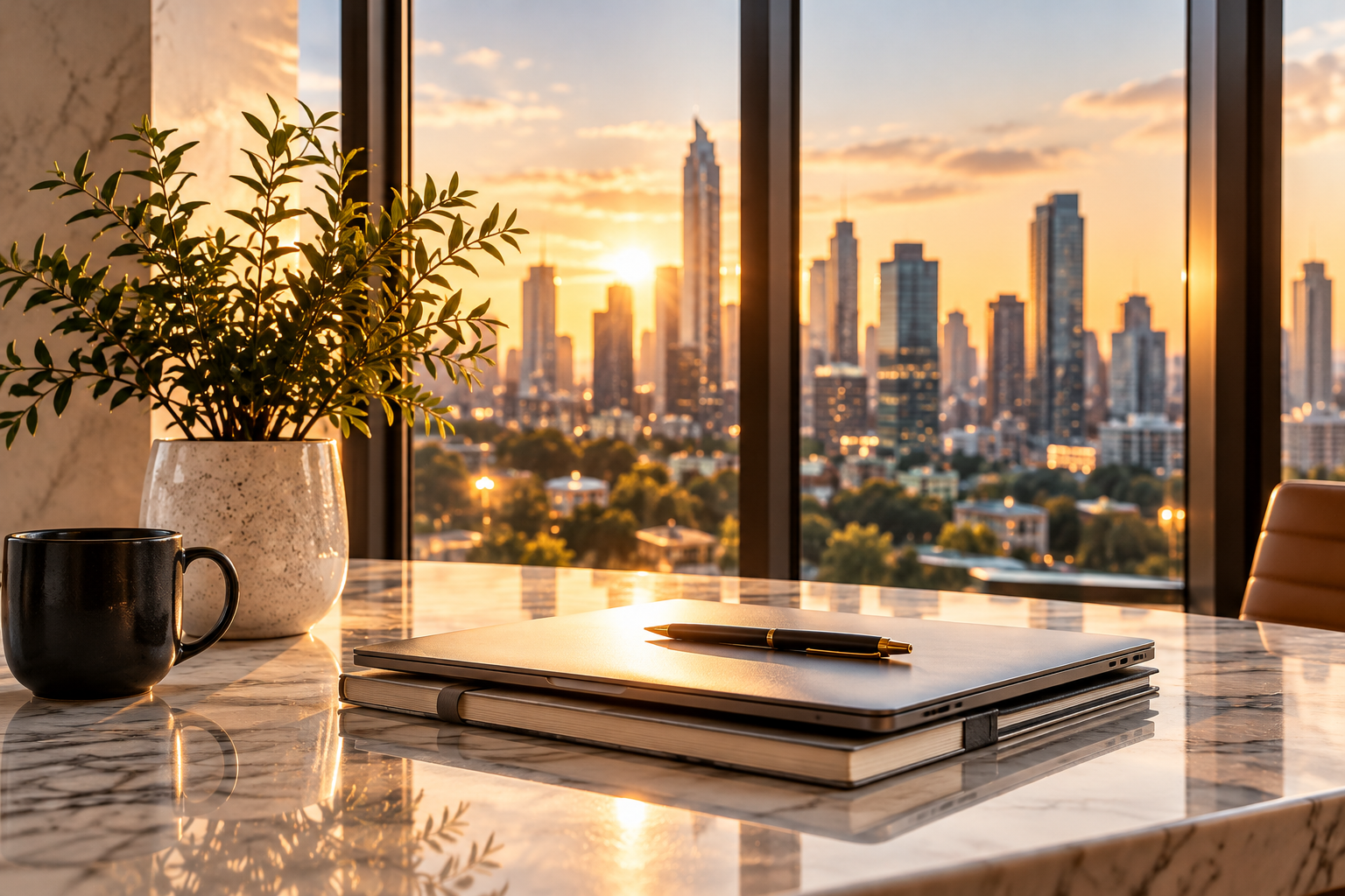 A laptop and notebook on a marble executive workspace overlooking the city at golden hour