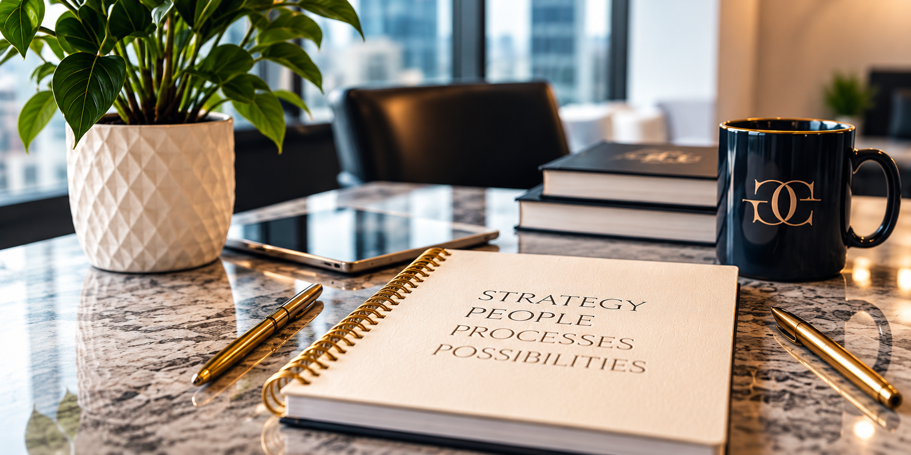Strategy, People, Processes, Possibilities notebook with a navy branded mug and gold pens on a professional desk