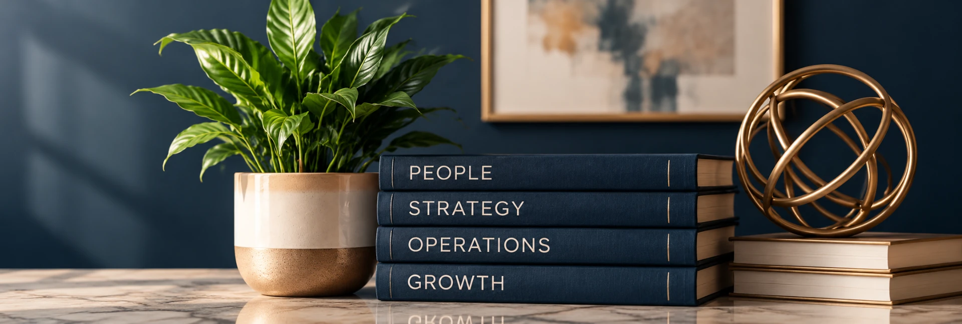 Four navy books labeled People, Strategy, Operations, and Growth beside a plant and gold sculpture
