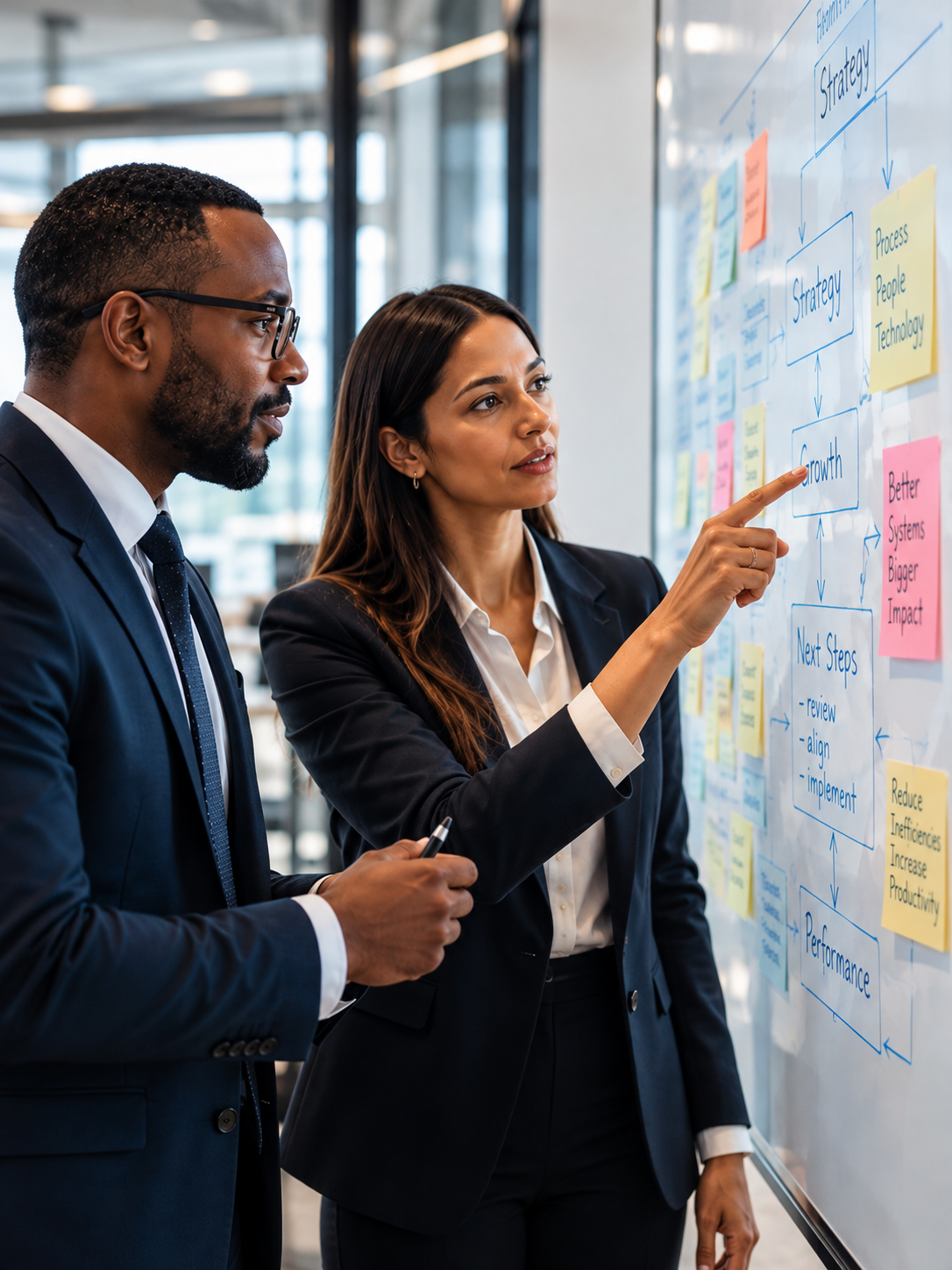 Two colleagues at a glass whiteboard mapping a hand-drawn strategy flowchart surrounded by sticky notes
