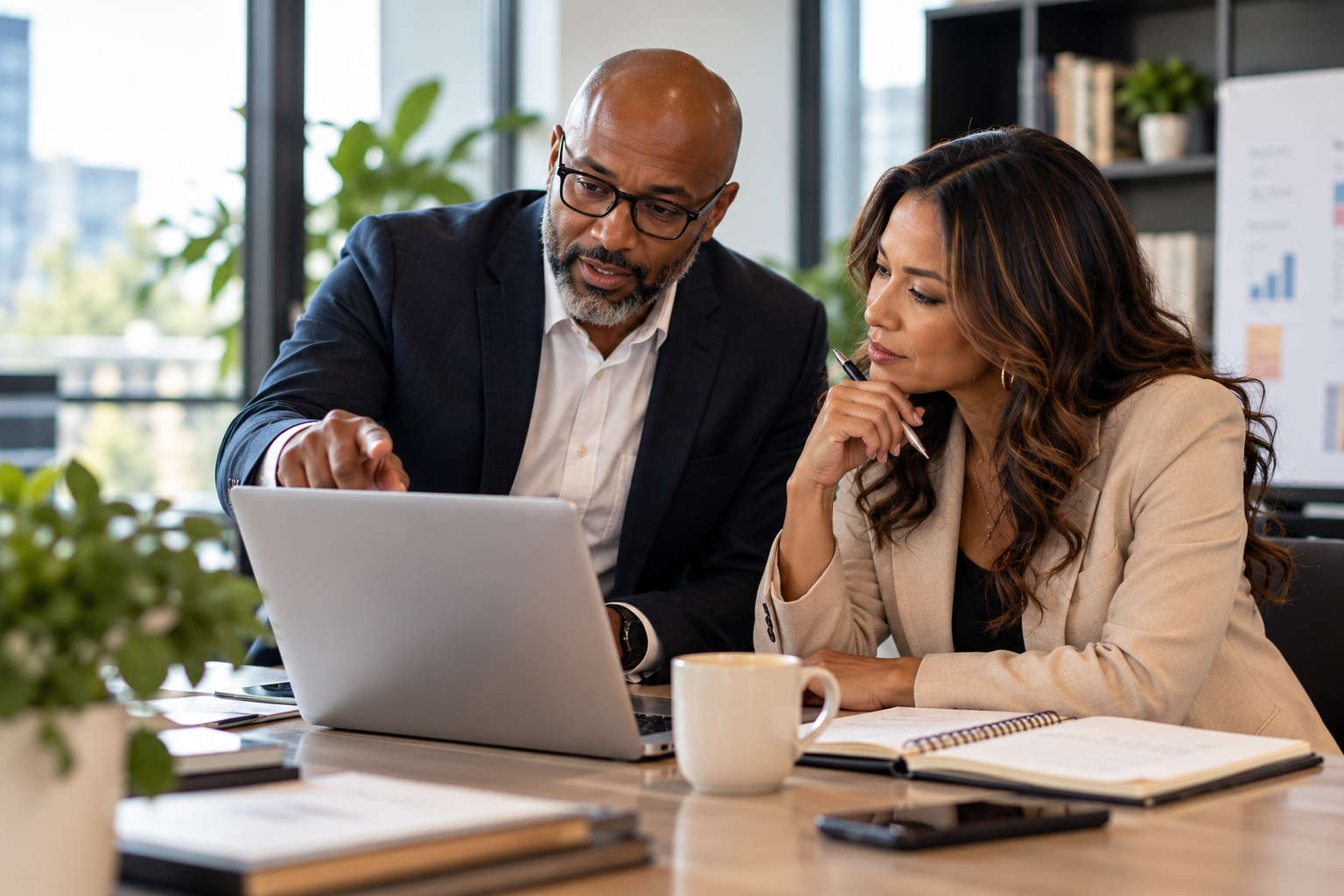 Two colleagues reviewing work together on a laptop at an office table