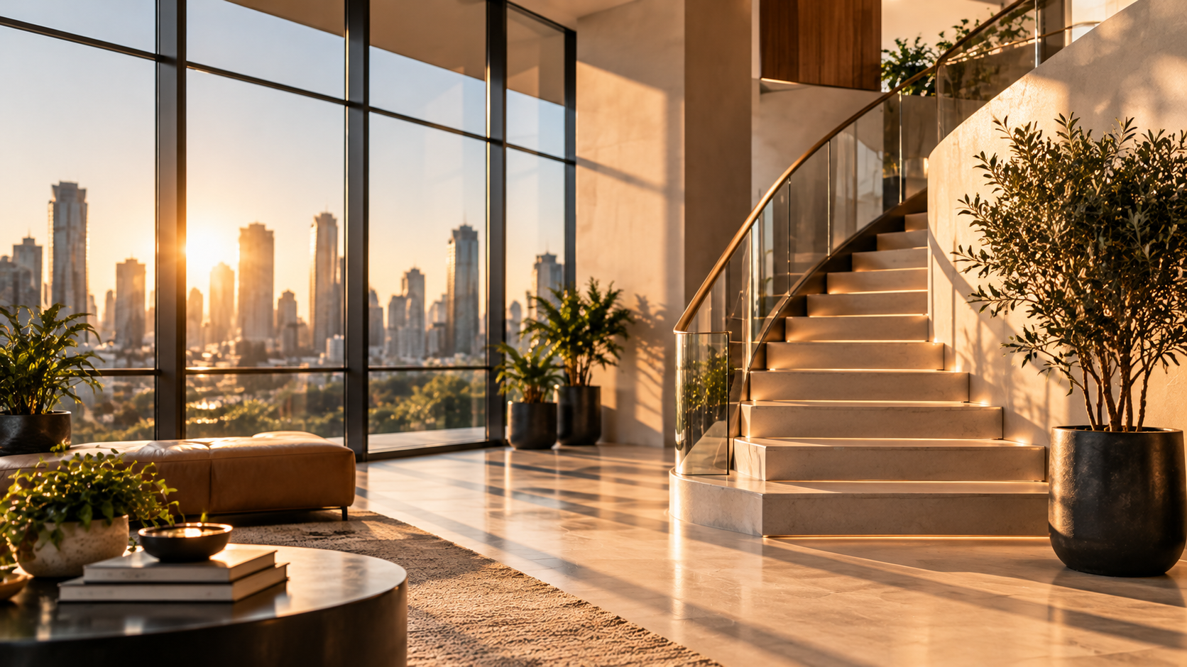 A sunlit modern staircase with a glass railing overlooking the city skyline at sunset