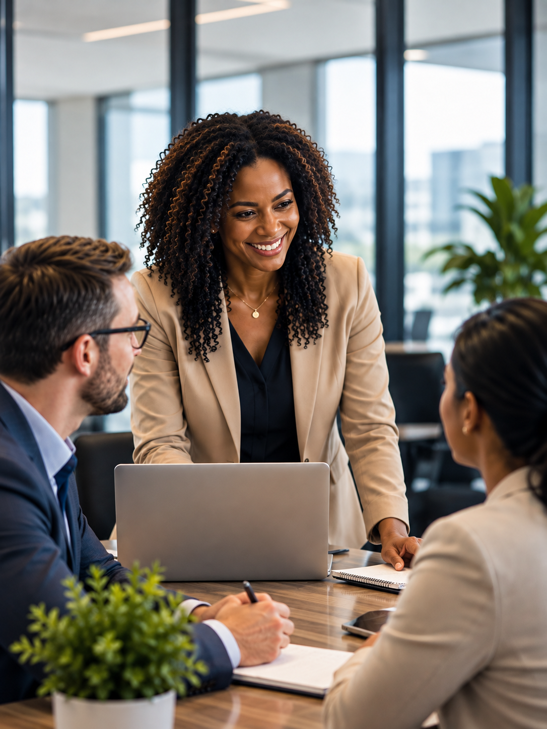 A colleague in a tan blazer presenting to two seated teammates at a wooden table in a bright office with city views