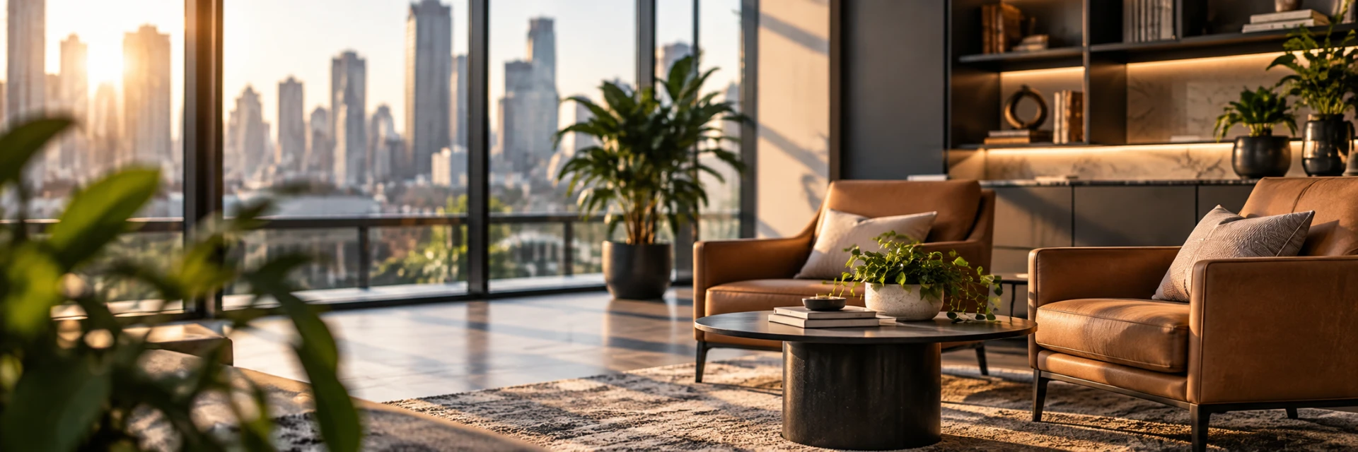 Tan leather armchairs in an executive lounge with the city skyline at golden hour through floor-to-ceiling windows