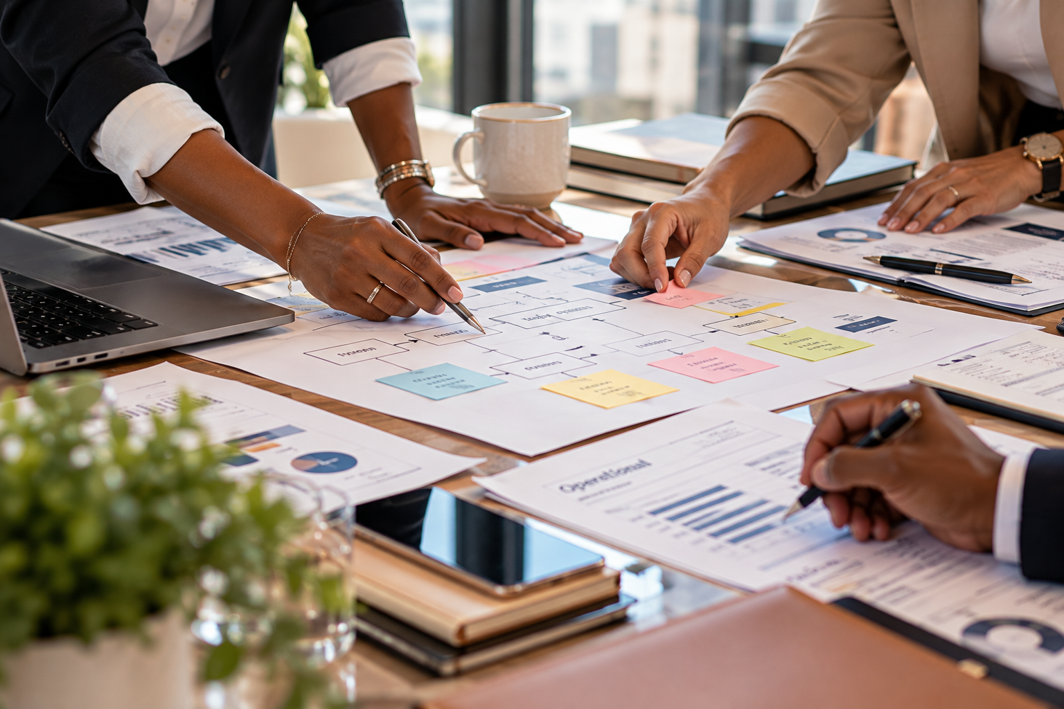 A strategy planning workspace with notes and plans laid out