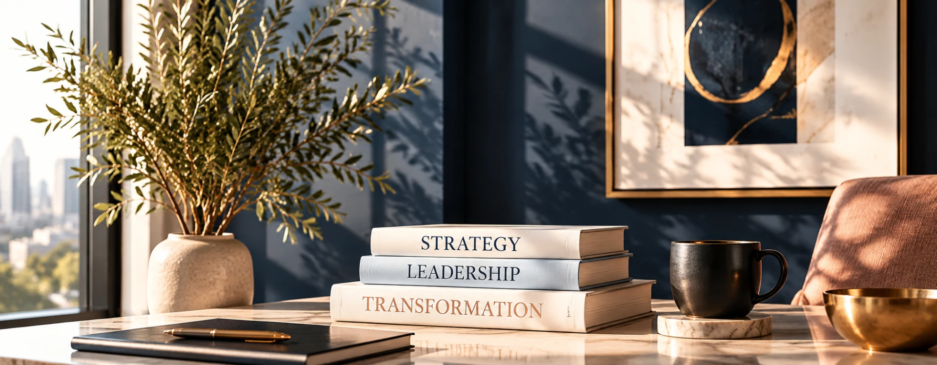 Sunlit strategy workspace with books on strategy, leadership, and transformation, a plant, and framed artwork